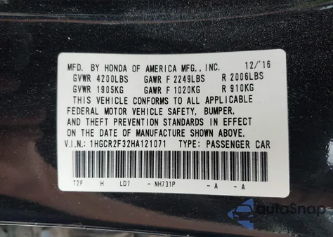 2017 Honda Accord Lx из США, поврежденный, VIN 1HGCR2F32HA121071